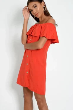 Rebellious Fashion Red Bardot Frill Button Front Dress - Julissa