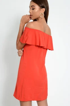 Rebellious Fashion Red Bardot Frill Button Front Dress - Julissa