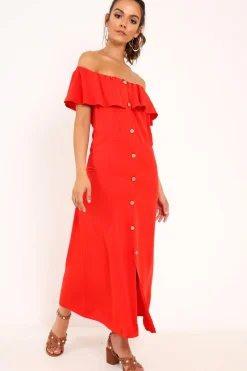 Rebellious Fashion Red Bardot Frill Button Front Midi Dress - Clancy