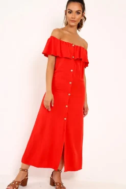 Rebellious Fashion Red Bardot Frill Button Front Midi Dress - Clancy