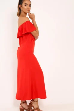 Rebellious Fashion Red Bardot Frill Button Front Midi Dress - Clancy