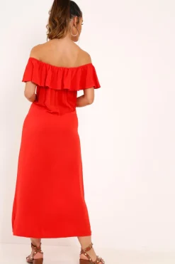 Rebellious Fashion Red Bardot Frill Button Front Midi Dress - Clancy