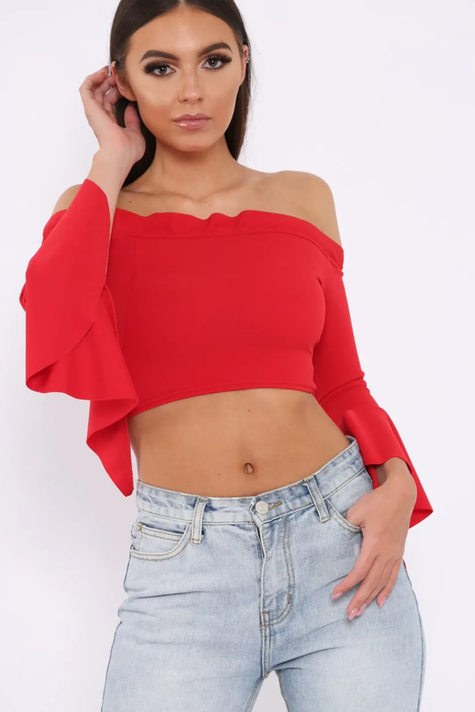 Rebellious Fashion Red Bardot Frill Crop Top with Flared Sleeves - Tiffy