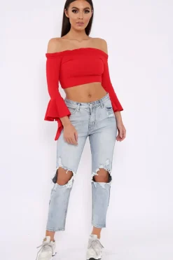 Rebellious Fashion Red Bardot Frill Crop Top with Flared Sleeves - Tiffy