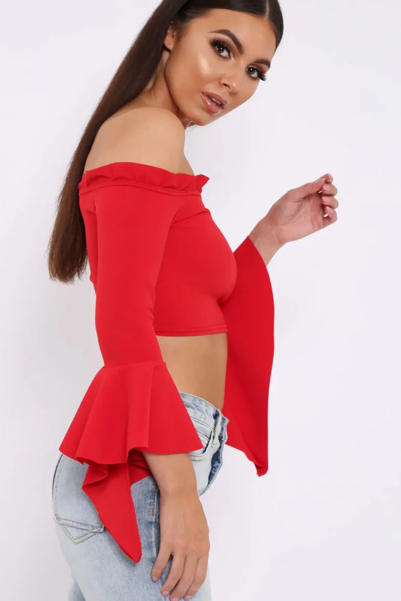 Rebellious Fashion Red Bardot Frill Crop Top with Flared Sleeves - Tiffy