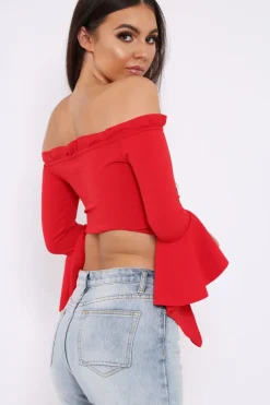 Rebellious Fashion Red Bardot Frill Crop Top with Flared Sleeves - Tiffy