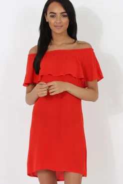 Rebellious Fashion Red Bardot Frill Dress - Ophelia