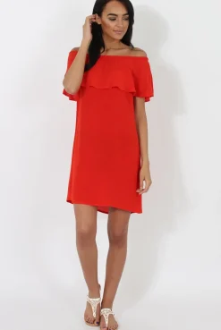Rebellious Fashion Red Bardot Frill Dress - Ophelia