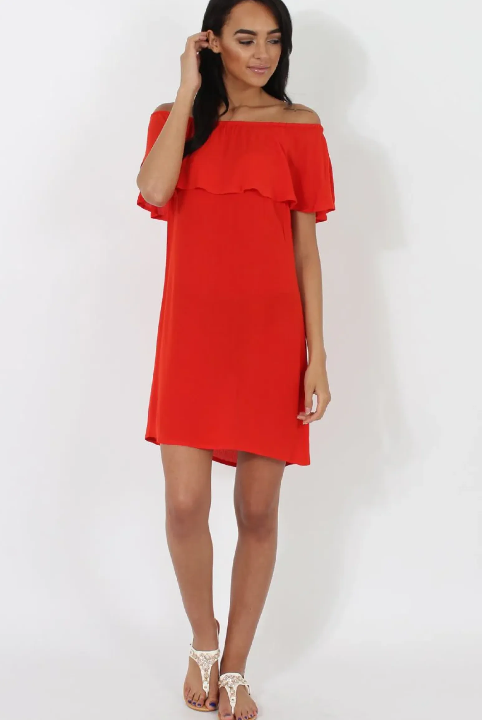 Rebellious Fashion Red Bardot Frill Dress - Ophelia