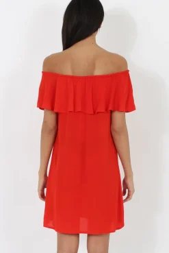 Rebellious Fashion Red Bardot Frill Dress - Ophelia
