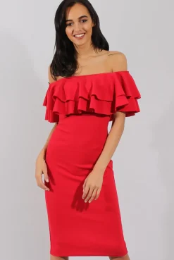 Rebellious Fashion Red Bardot Frill Dress - Serena