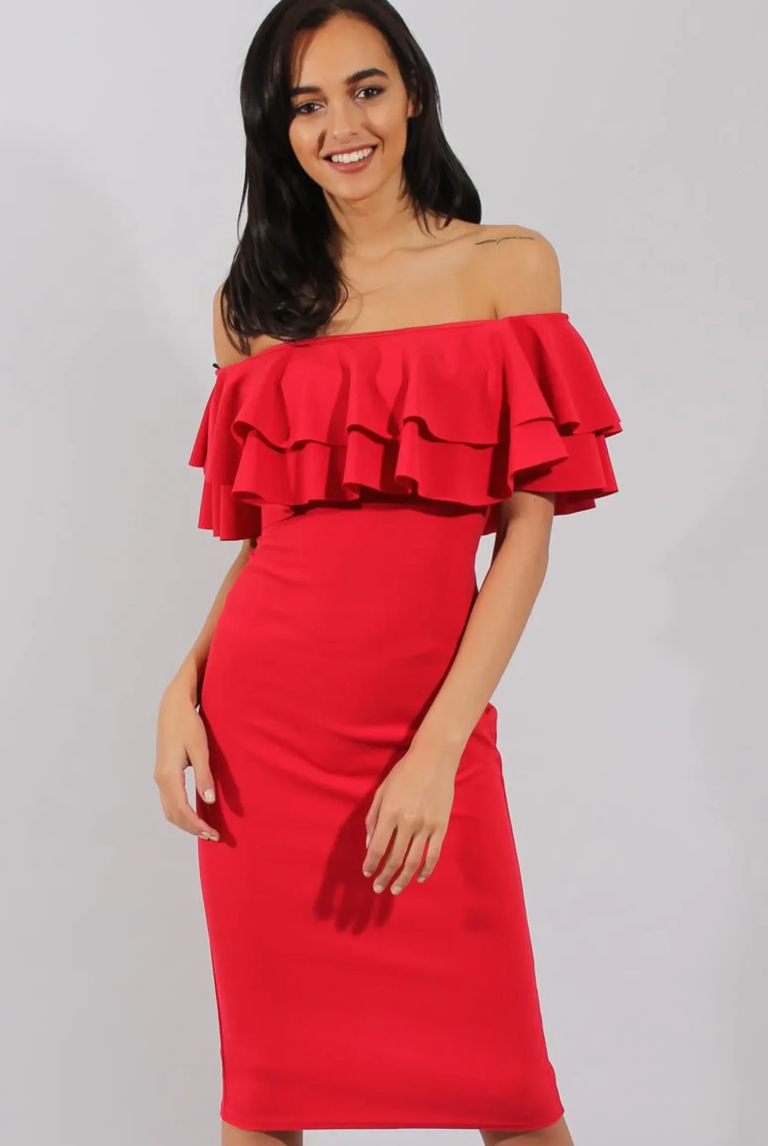 Rebellious Fashion Red Bardot Frill Dress - Serena