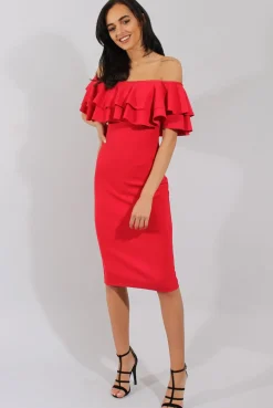 Rebellious Fashion Red Bardot Frill Dress - Serena