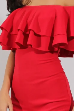Rebellious Fashion Red Bardot Frill Dress - Serena