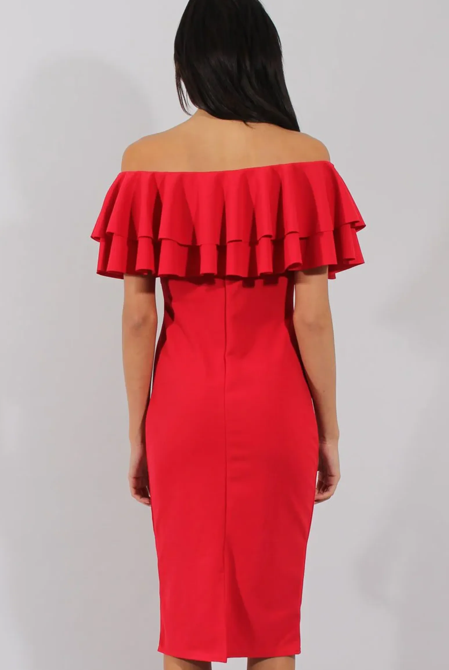 Rebellious Fashion Red Bardot Frill Dress - Serena