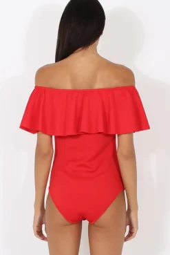 Rebellious Fashion Red Bardot Frill Layer Bodysuit - Olga
