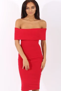 Rebellious Fashion Red Bardot Frill Open Back Midi Dress - Trish