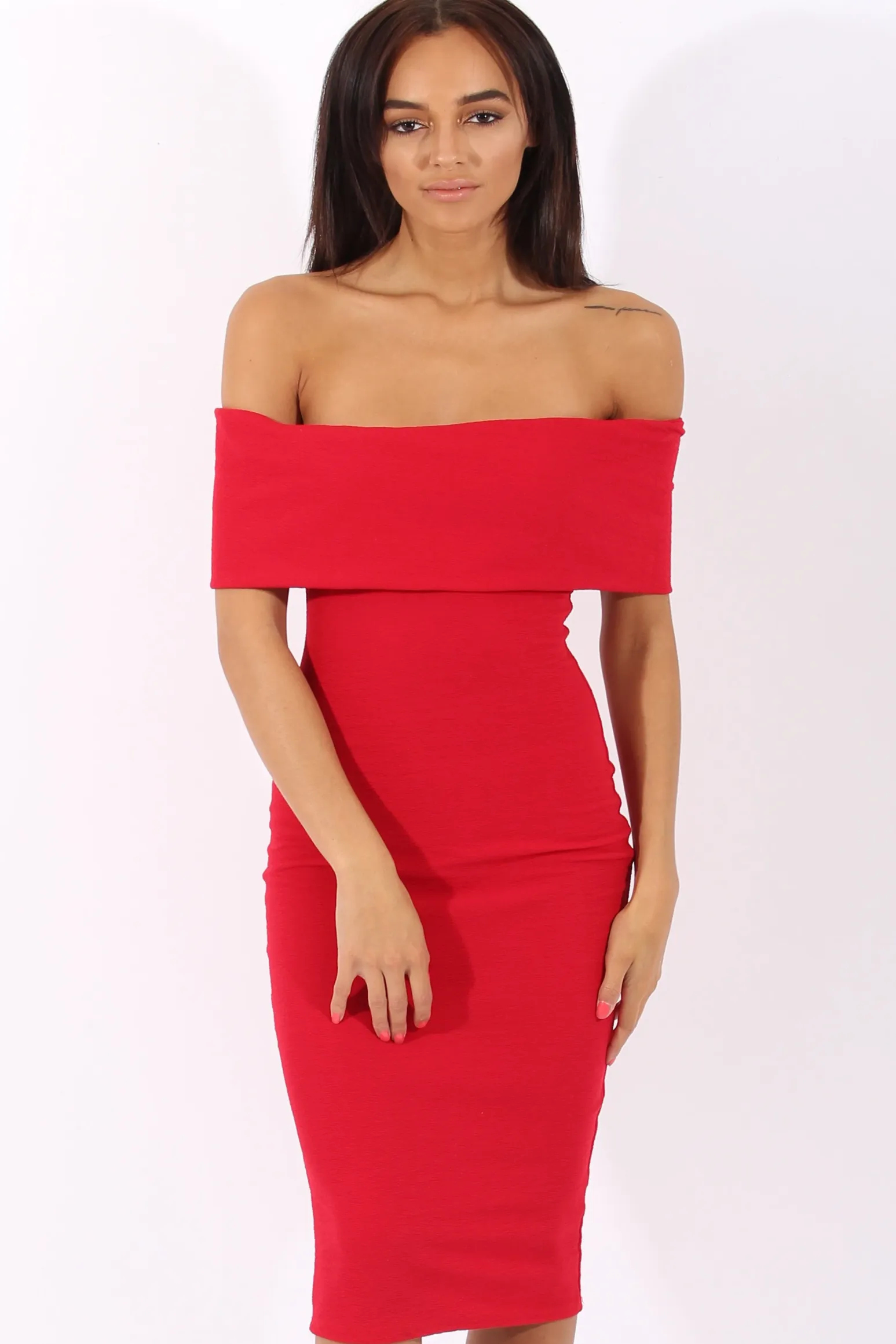 Rebellious Fashion Red Bardot Frill Open Back Midi Dress - Trish