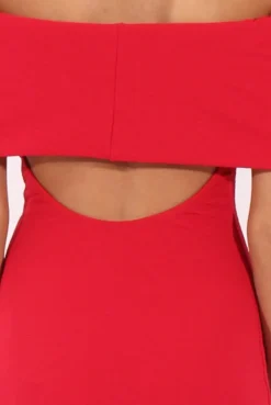 Rebellious Fashion Red Bardot Frill Open Back Midi Dress - Trish