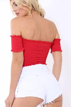 Rebellious Fashion Red Bardot Frill Shirred Crop Top - Kailah