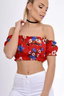 Rebellious Fashion Red Bardot Gypsy Crop Top - Valentina