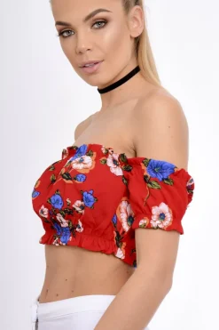 Rebellious Fashion Red Bardot Gypsy Crop Top - Valentina