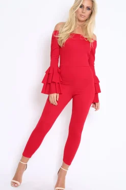 Rebellious Fashion Red Bardot Jumpsuit with Tiered Flared Sleeves - Vivianne