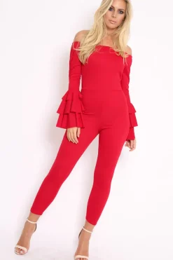 Rebellious Fashion Red Bardot Jumpsuit with Tiered Flared Sleeves - Vivianne