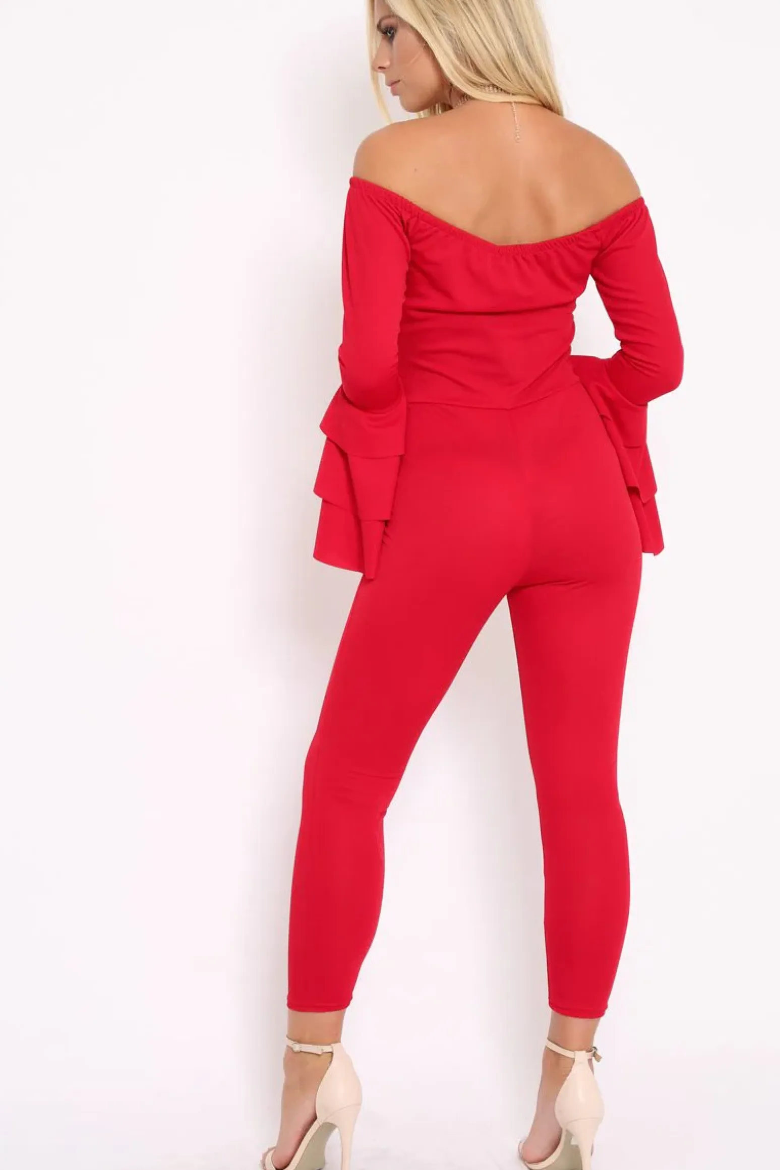 Rebellious Fashion Red Bardot Jumpsuit with Tiered Flared Sleeves - Vivianne