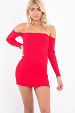 Rebellious Fashion Red Bardot Lettuce Hem Rib Knit Mini Dress - Keysha
