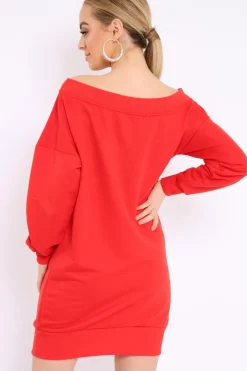 Rebellious Fashion Red Bardot Sweater Dress - Ariel