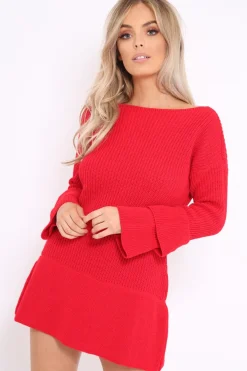 Rebellious Fashion Red Bell Sleeve Extreme Hem Chunky Knit Jumper Dress - Paige