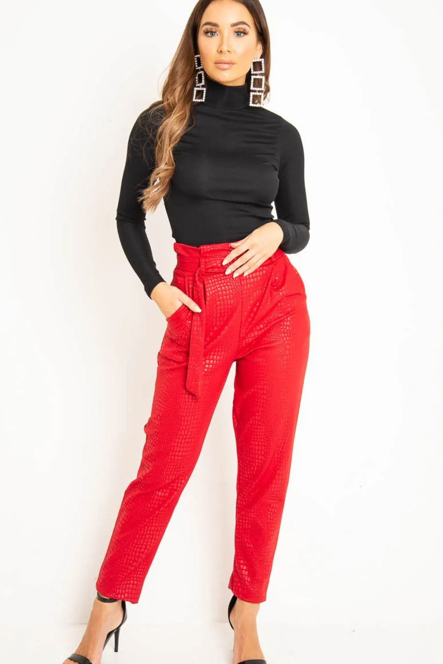 Rebellious Fashion Red Belted Croc Print Tapered Trousers - Aasia