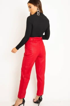 Rebellious Fashion Red Belted Croc Print Tapered Trousers - Aasia