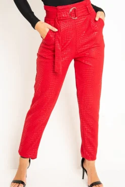 Rebellious Fashion Red Belted Croc Print Tapered Trousers - Aasia
