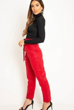 Rebellious Fashion Red Belted Croc Print Tapered Trousers - Aasia