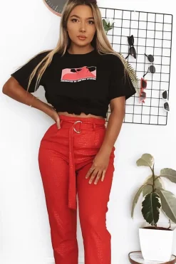 Rebellious Fashion Red Belted Croc Print Tapered Trousers - Aasia