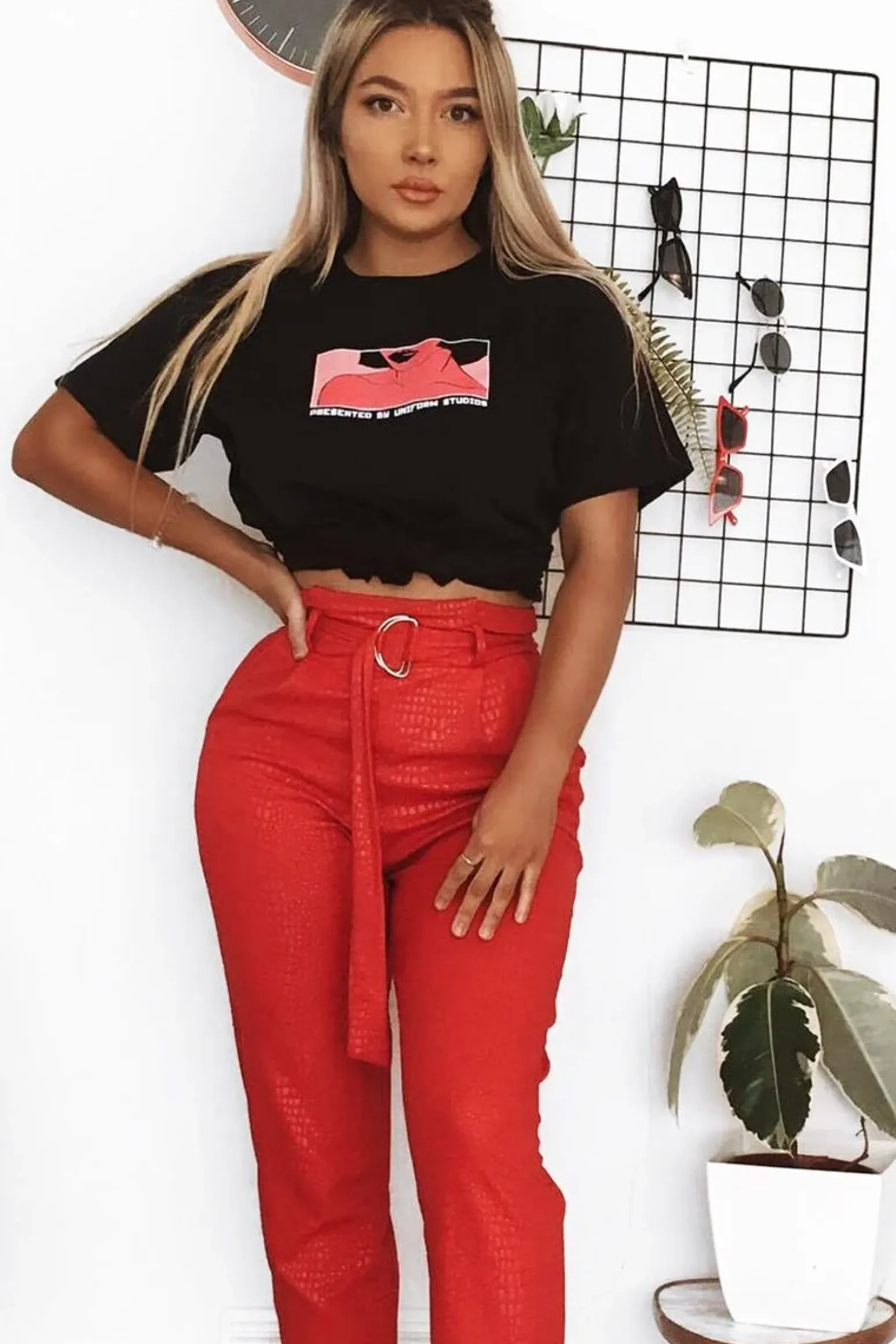 Rebellious Fashion Red Belted Croc Print Tapered Trousers - Aasia
