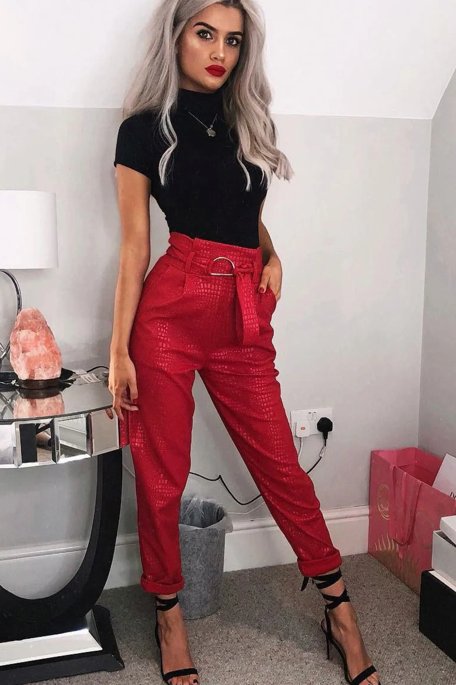 Rebellious Fashion Red Belted Croc Print Tapered Trousers - Aasia