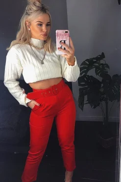 Rebellious Fashion Red Belted Tapered Peg Trousers - Jessika