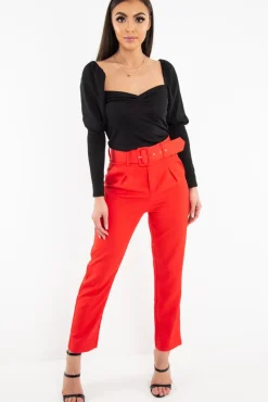 Rebellious Fashion Red Belted Tapered Peg Trousers - Jessika