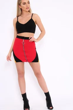 Rebellious Fashion Red Black And Mustard Colour Block Zip Front Mini Skirt and Bralet Co-ord - Kacey
