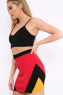 Rebellious Fashion Red Black And Mustard Colour Block Zip Front Mini Skirt and Bralet Co-ord - Kacey