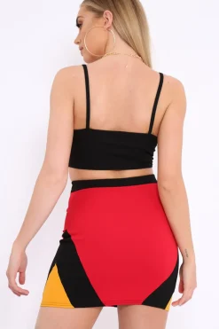 Rebellious Fashion Red Black And Mustard Colour Block Zip Front Mini Skirt and Bralet Co-ord - Kacey