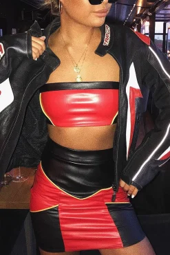 Rebellious Fashion Red Black and Mustard PU Co-ord Set - Skye