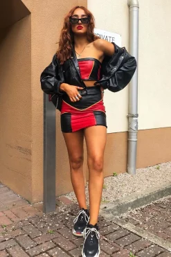 Rebellious Fashion Red Black and Mustard PU Co-ord Set - Skye