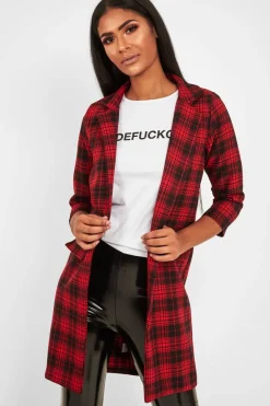 Rebellious Fashion Red Black Check Longline Blazer - Wrenn