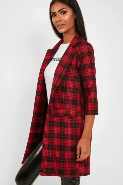 Rebellious Fashion Red Black Check Longline Blazer - Wrenn