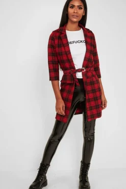 Rebellious Fashion Red Black Check Longline Blazer - Wrenn