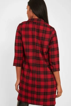 Rebellious Fashion Red Black Check Longline Blazer - Wrenn
